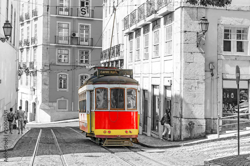 Lisbon, Portugal.Red retro streetcar in the streets in Lisbon
