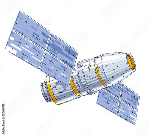 Space station iss floating in weightlessness in open space, spacecraft artificial satellite, science and technology. Thin line 3d vector illustration isolated on white background.