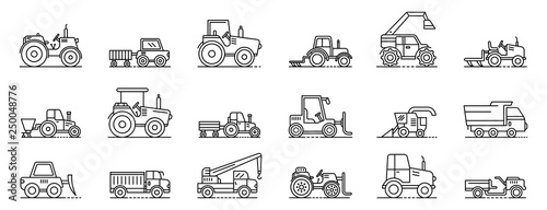 Agricultural machines icons set. Outline set of agricultural machines vector icons for web design isolated on white background