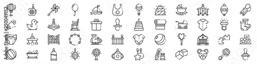 Baby items icons set. Outline set of baby items vector icons for web design isolated on white background