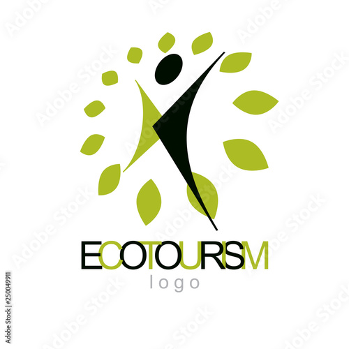 Vector illustration of happy abstract human with reaching up. Ecotourism conceptual logo. Environmental conservation theme logotype. Green tourism symbol. photo