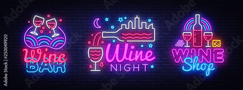 Wine neon signs set design template. Big Collection Wine neon logos, light banner design element colorful modern design trend, night bright advertising, bright sign. Vector illustration