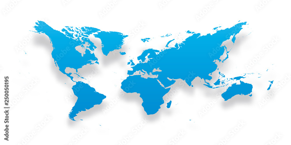 Map of World. Simple blue gradient silhouette with dropped shadow isolated on white background. Vector illustration