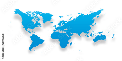 Map of World. Simple blue gradient silhouette with dropped shadow isolated on white background. Vector illustration