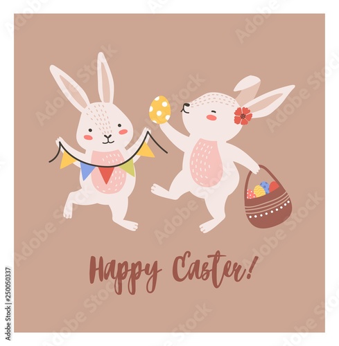 Postcard template with pair of lovely bunnies or rabbits holding basket with decorated eggs and flag garland and Happy Easter wish handwritten with cursive font