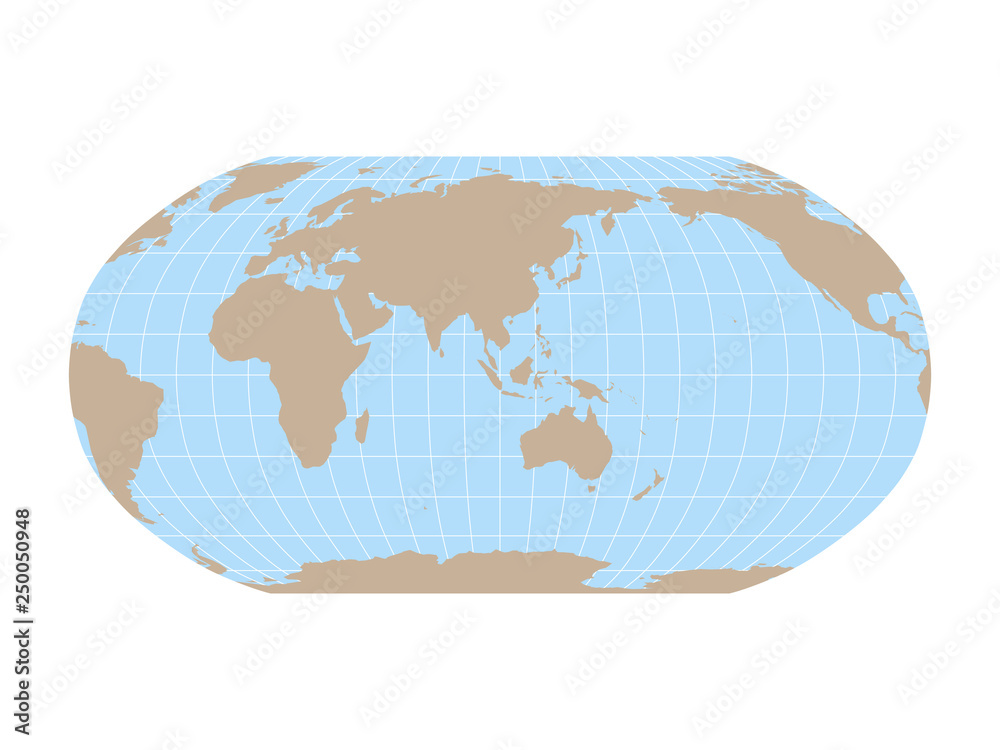 World Map in Robinson Projection with meridians and parallels grid. Asia and Australia centered. Brown land and blue sea. Vector illustration