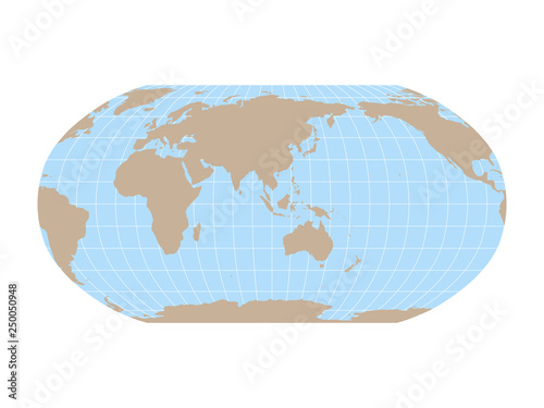 World Map in Robinson Projection with meridians and parallels grid. Asia and Australia centered. Brown land and blue sea. Vector illustration