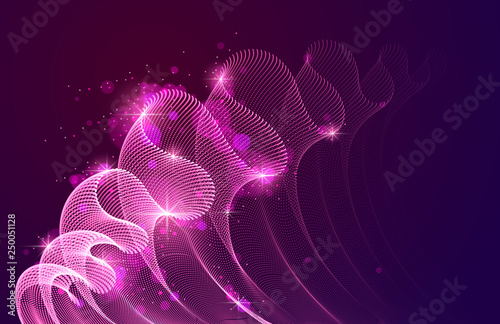 Wave of flowing particles over dark abstract vector magic background, smooth curvy shape dots transparent tulle textile on wind. 3d shape dots blended mesh, relaxing wallpaper.