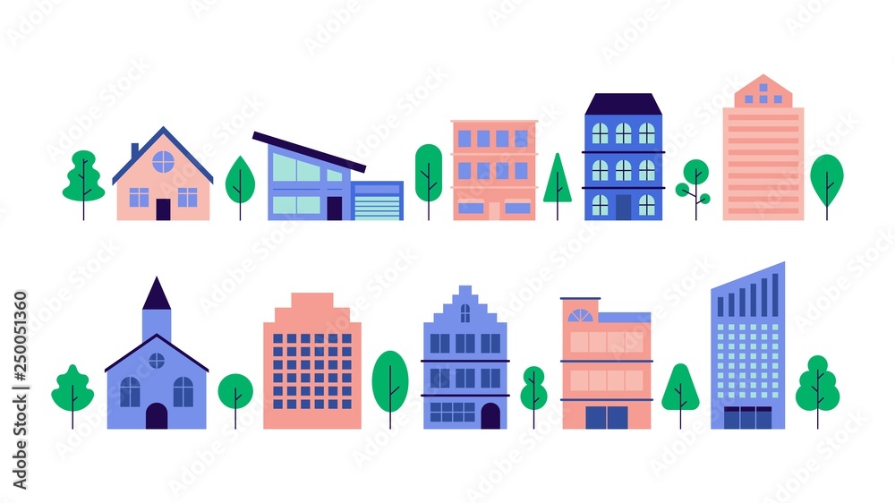 Minimal flat cityscape. Geometric landscape with townhouse, city buildings and green environment. Vector city street set banner