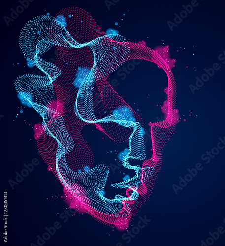 Beautiful vector human face portrait, artistic illustration of man head made of dotted particles array, Artificial Intelligence, pc programming software interface, digital soul.