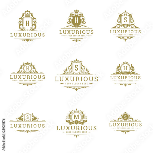 Luxury logos monograms crest design templates set vector illustration.