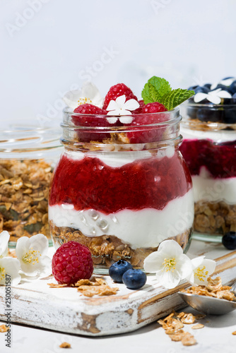 desserts with muesli, berry and fruit puree in jars on white table, vertical closeup