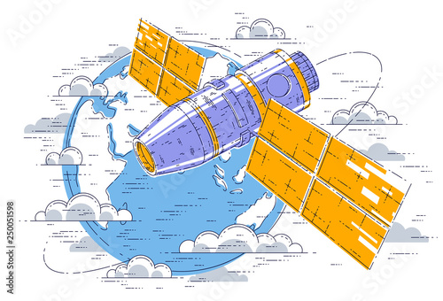 Space station flying orbital spaceflight around earth, spacecraft spaceship iss with solar panels, artificial satellite. Thin line 3d vector illustration.
