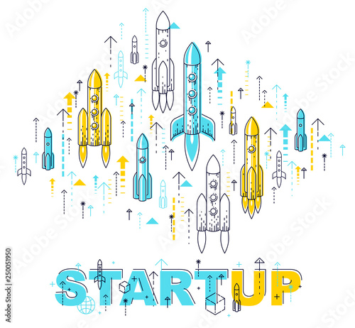 Startup rockets take off, space rockets flying start up business concept, vector illustration.