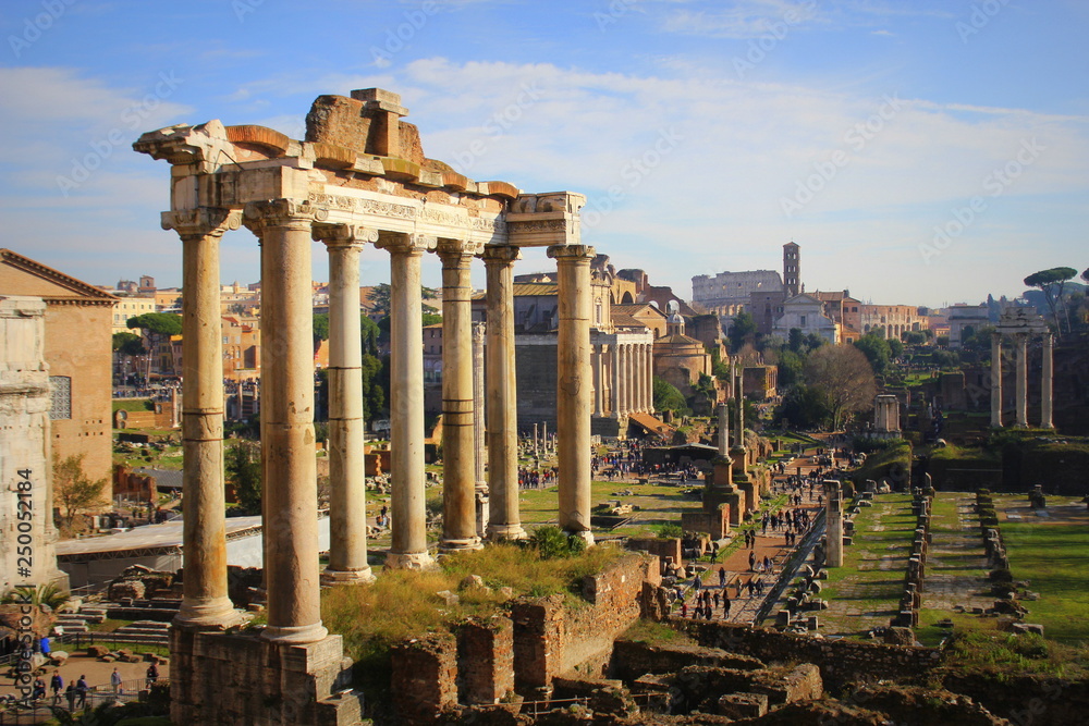 Ruins of the Temple of Saturn in the Roman Forum in Rome, Italy