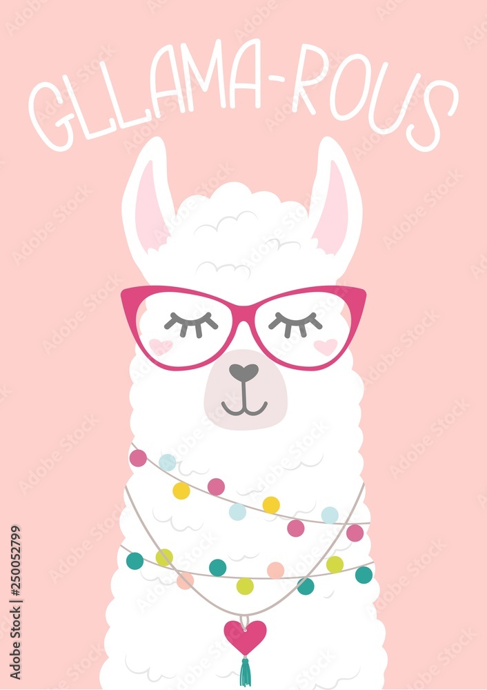 Cute llama illustration with doodles and lettering inscription 
