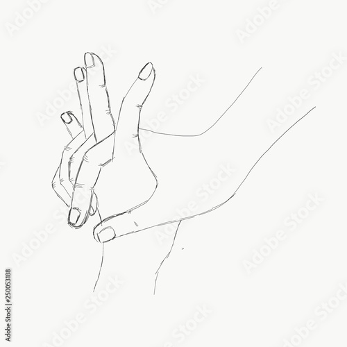 Hand sketch holding hands. Vector illustration, black and white, monochrome, line art. Hands of two lovers