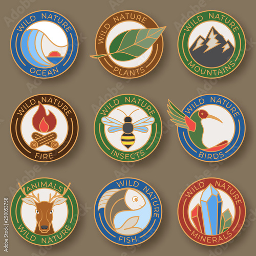 Set of nine stylish line insignias. Logo collection color line style consisting of wild nature. Linear design elements with animal, birds and landscapes