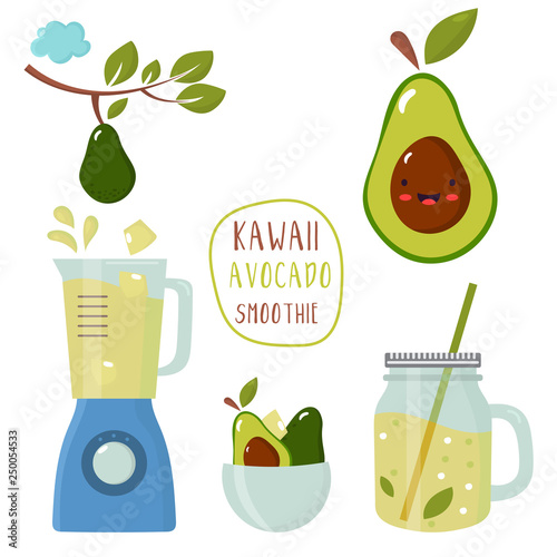 Set of funny kawaii avocado with a blender smoothie ,bowls and mason bank with straw.Vector illustration