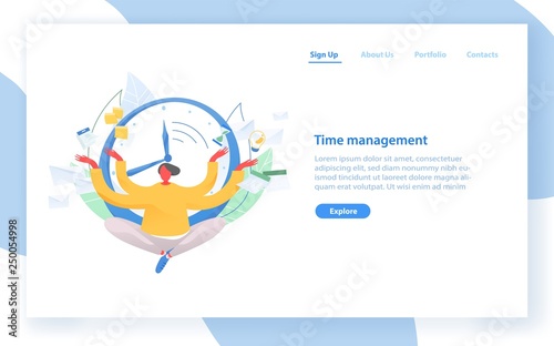 Web banner template with man sitting with crossed legs against clock face on ...