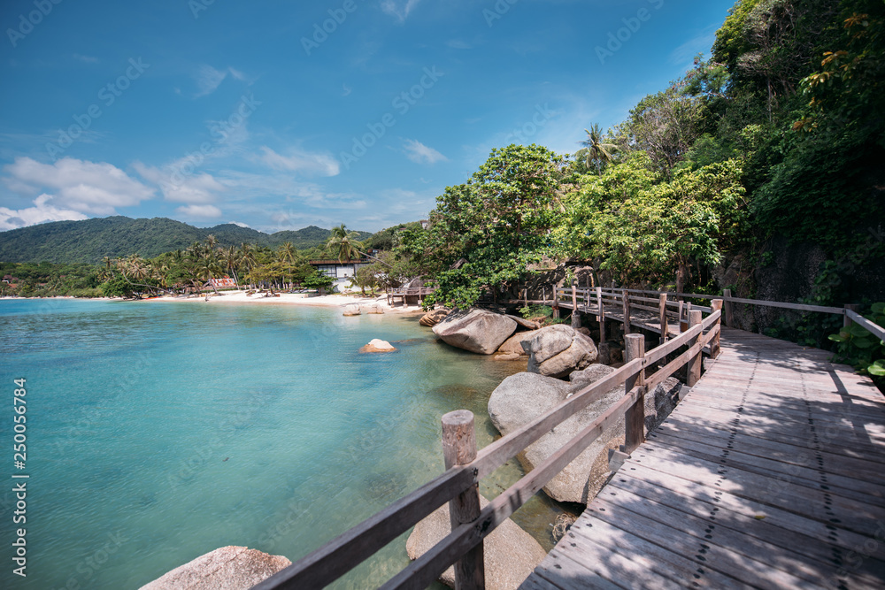 Fototapeta premium Tropical landscape with rocky beach and wooden bridge