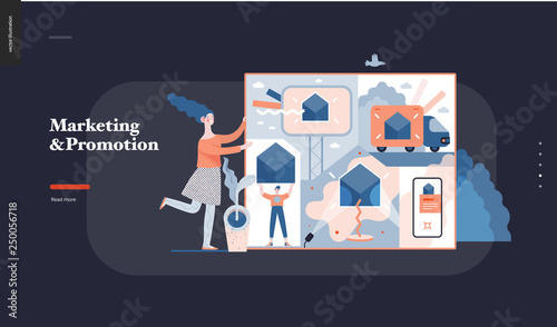 Technology 3 -Marketing and Promotion modern flat vector concept digital illustration marketing metaphor, company brand promotion. Business workflow management Creative landing web page design