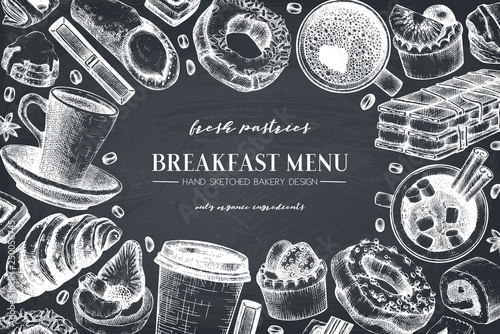 Breakfast menu design. Hand drawn coffee and pastries illustrations. Fast food sketches in engraved style. Vector template for cafe or bakery design. Vintage hot drinks and desserts background.