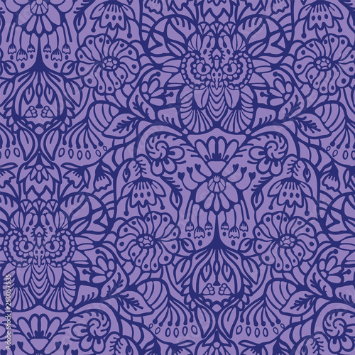 Hand drawn arabesque floral ornament damask illustration. Seamless vector purple lilac pattern. Baroque roccoco style all over print. Intricate decorative line art for wallpaper, elegant home decor.