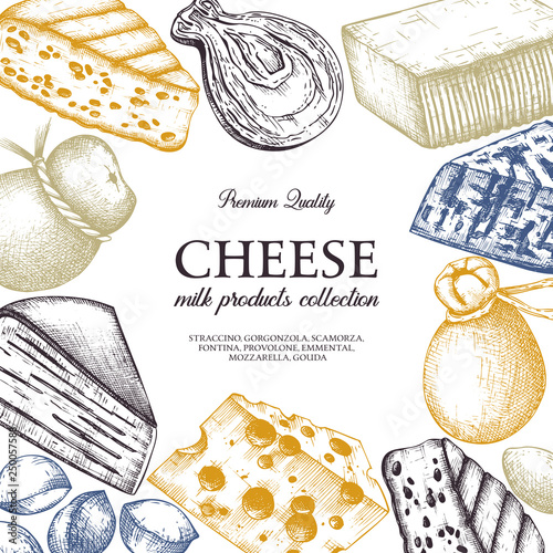 Mediterranean cuisine design. Hand sketched food and drinks illustrations. Vintage cheese, fruits, vegetables, wine drawings. Dairy products frame on white background. Restautant menu template.