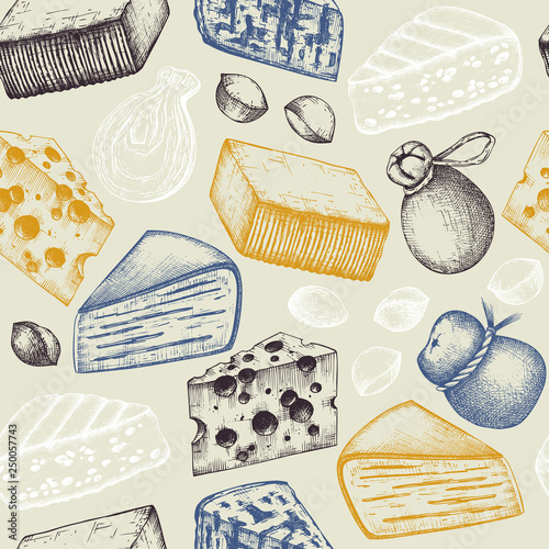 Seamless pattern with cheese sketches. Hand drawn restaurant food illustrations. Vintage milk products background. Dairy foods vector design.