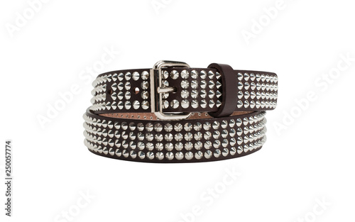 Brown leather belt with silver rivets on white background