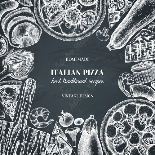 Vector round design with hand drawn pizza ingradients sketches. Vintage frame for pizzeria or cafe menu with meat, seafood, cheese, vegetables, mushrooms drawings. Top view fast food illustration.