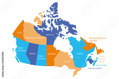 Map of Canada divided into 10 provinces and 3 territories. Administrative regions of Canada. Multicolored map with labels. Vector illustration