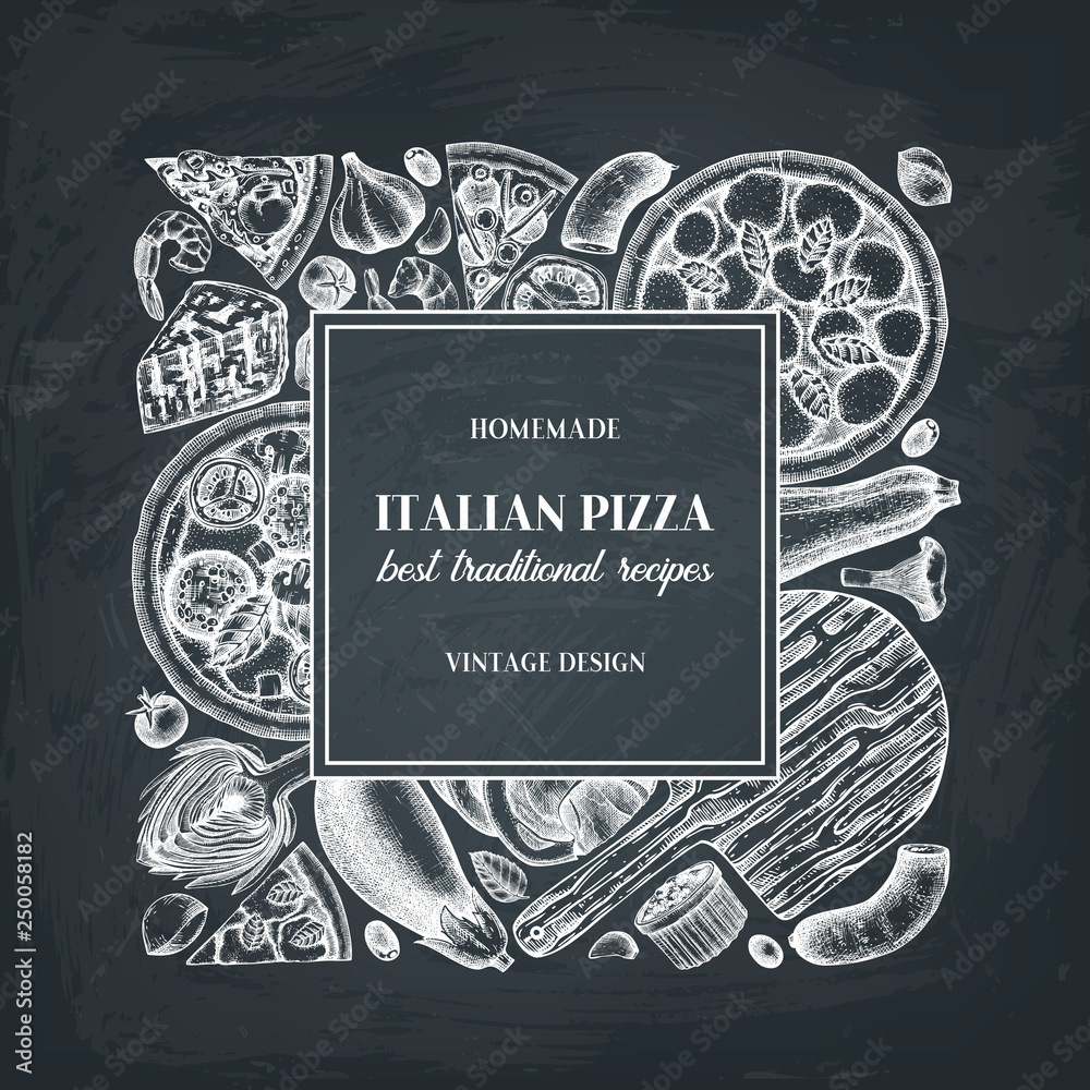 Vector round design with hand drawn pizza ingradients sketches. Vintage frame for pizzeria or cafe menu with meat, seafood, cheese, vegetables, mushrooms drawings. Top view fast food illustration. Vector round design with hand drawn pizza ingradients sketches. Vintage frame for pizzeria or cafe menu with meat, seafood, cheese, vegetables, mushrooms drawings. Top view fast food illustration.