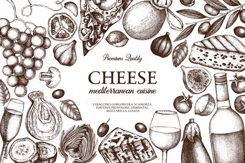 Mediterranean cuisine design. Hand sketched food and drinks illustrations. Vintage cheese, fruits, vegetables, wine drawings. Dairy products frame on white background. Restautant menu template.