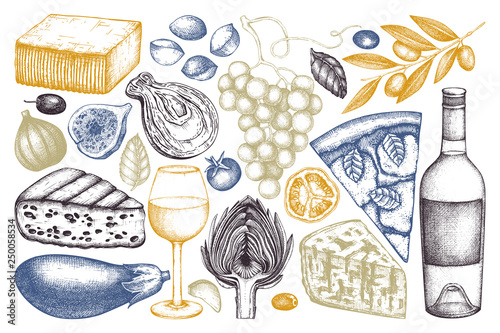 Mediterranean food and drinks sketches. Hand drawn restaurant illustrations. Vintage cheese, fruits, vegetables, wine drawings. Dairy products collection on white background.