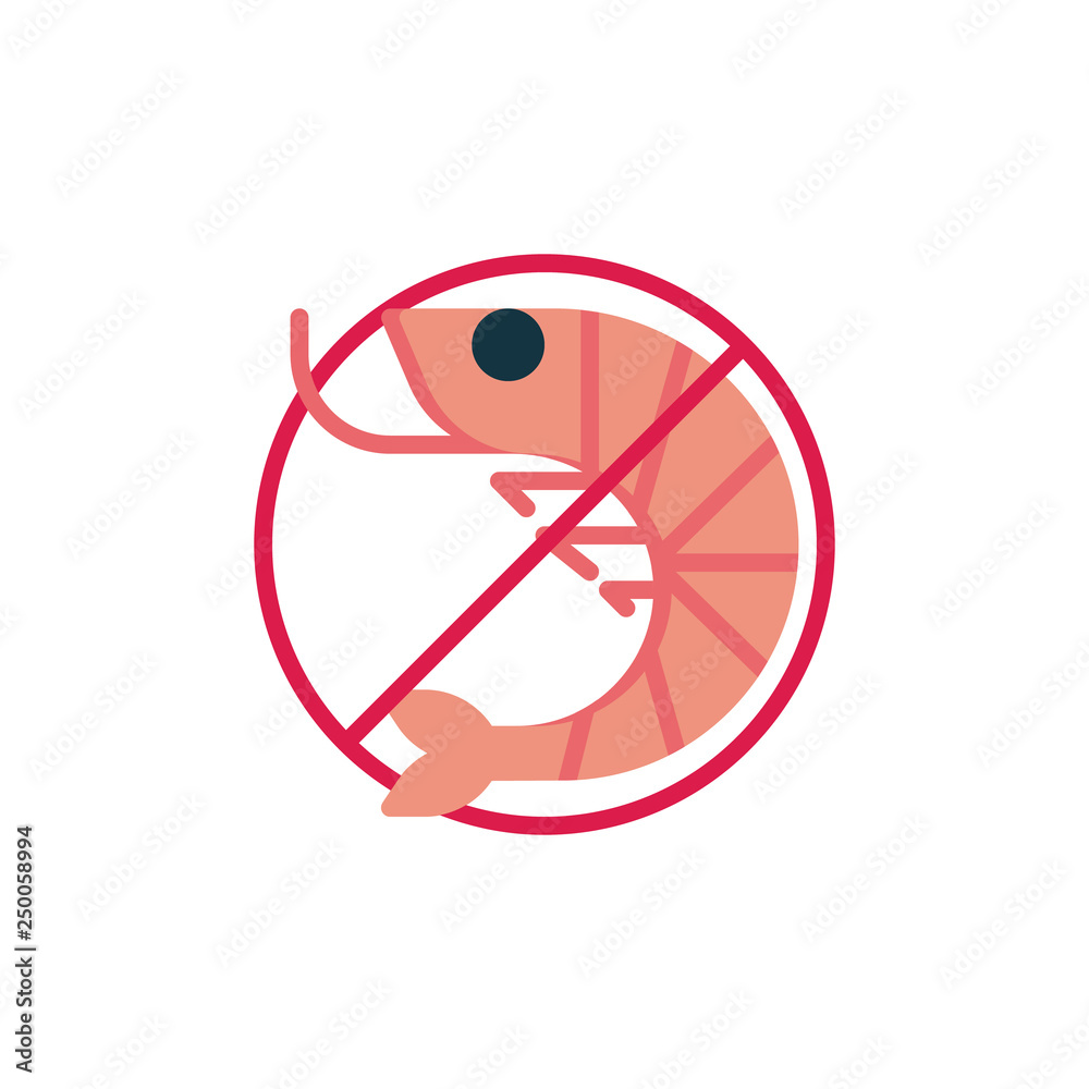 No prawn, allergen food flat icon, vector sign, colorful pictogram isolated on white. No Shrimp, prohibition sign symbol, logo illustration. Flat style design No prawn, allergen food flat icon, vector sign, colorful pictogram isolated on white. No Shrimp, prohibition sign symbol, logo illustration. Flat style design
