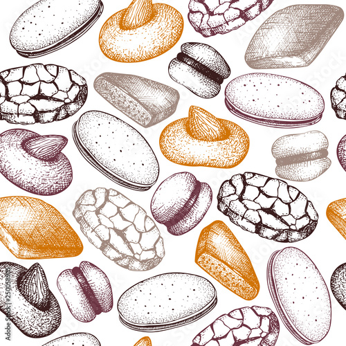 Italian desserts seamless pattern. Vector baking and pastries background. Traditional cookies sketches in engraved style. For cafe or restaurant design.