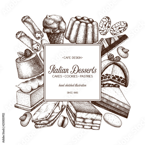 talian desserts illustrations collection. Vector baking and pastries background. 