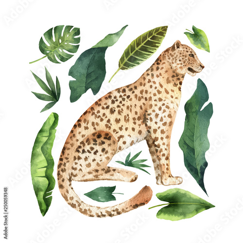 Watercolor vector card with leopard and green tropical leaves isolated on white background.