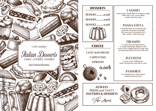 Italian cuisine menu design. Hand drawn desserts and pastries illustrations. 