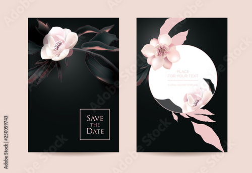 Wedding invitation in the botanical style. Pink flowers on a dark background. Vector template for the shop, beauty salon, spa or restaurant