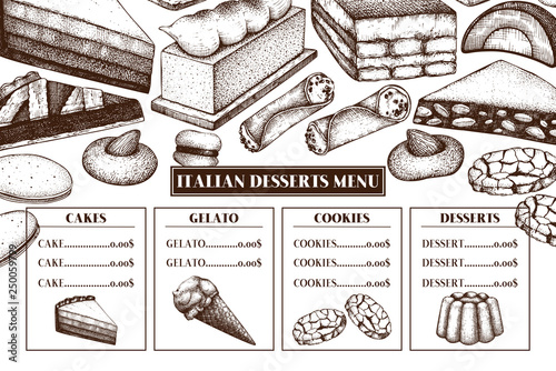 Italian cuisine menu design. Hand drawn desserts and pastries illustrations. 