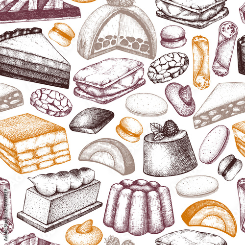 Italian desserts background. Vector cakes, cookies and pastries drawings. Traditional sweet food sketches in engraved style. Seamless pattern for cafe or restaurant design.