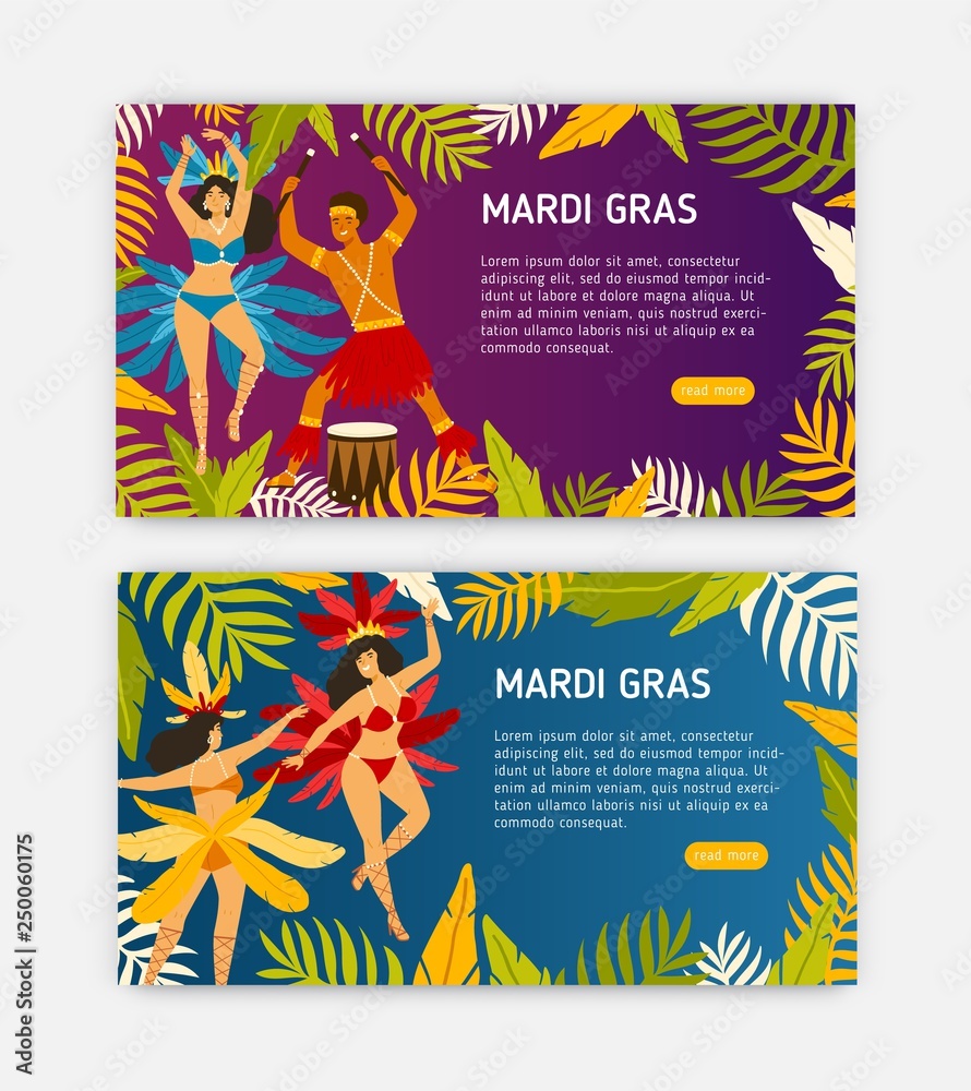 Mardi Gras web banner templates with women dancers wearing carnival costumes and man playing on drums. Festive vector illustration for parade, masquerade ball, festival, party or event announcement.