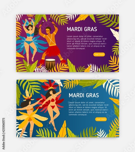 Mardi Gras web banner templates with women dancers wearing carnival costumes ...