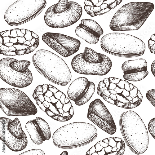 Italian desserts seamless pattern. Vector baking and pastries background. Traditional cookies sketches in engraved style. For cafe or restaurant design.