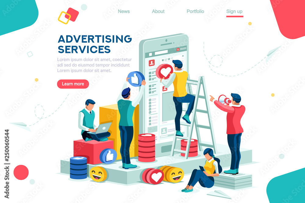 Services, large media network tool. Internet promotion, advertising, modern advertisement. Audience on phone as horizontal electronic place, plane with a small cup. Flat isometric Vector illustration. Services, large media network tool. Internet promotion, advertising, modern advertisement. Audience on phone as horizontal electronic place, plane with a small cup. Flat isometric Vector illustration.