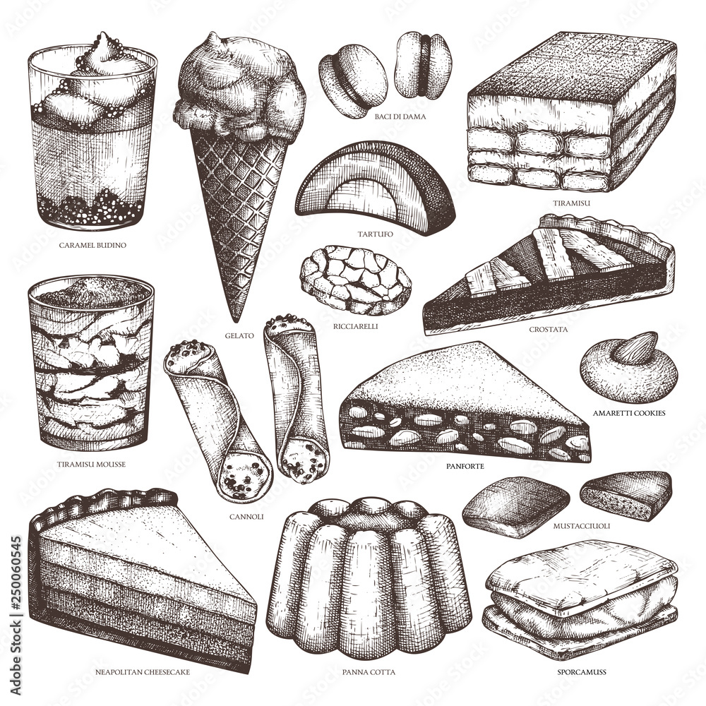 Hand drawn baking and pastries illustrations. Vector Italian desserts