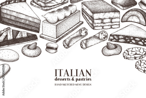 talian desserts illustrations collection. Vector baking and pastries background. 